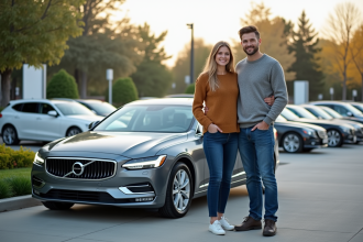 Jeune couple avec voiture neuve en concession