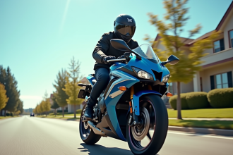 Jeune pilote en équipement complet sur une Honda CBR 600 ensoleillée