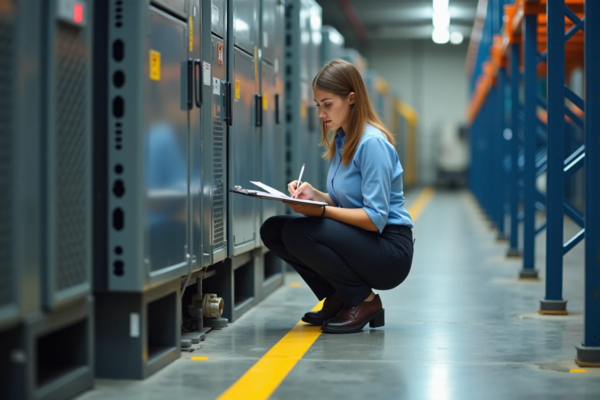 Jeune ingénieure prenant des notes près d’un moteur industriel en atelier