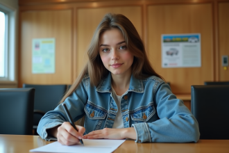 Jeune femme en denim demande son permis de conduire