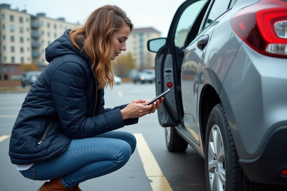 Femme examinant une bosse sur une voiture avec son smartphone