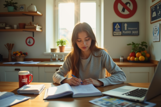 Jeune femme étudie pour le permis de conduire avec panneaux 2025