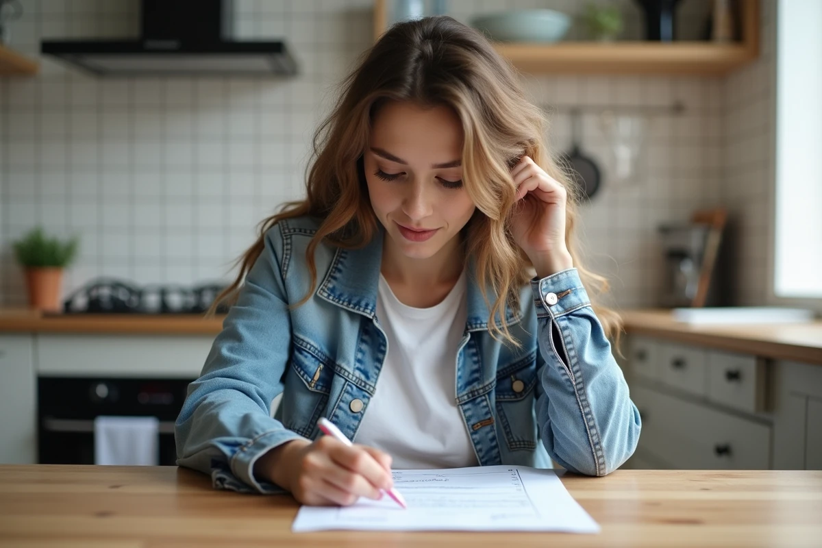Jeune femme en denim étudie un permis PDF à la maison