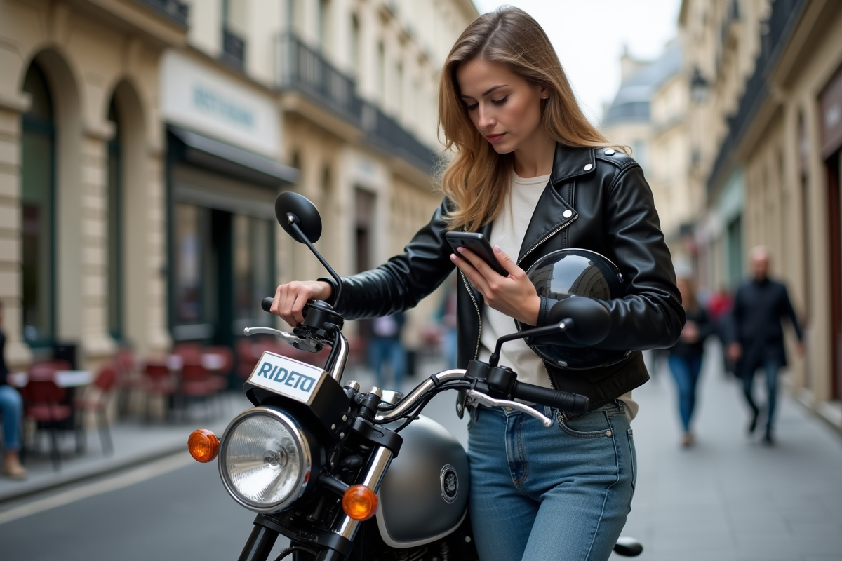 Jeune femme à moto dans une rue parisienne authentique