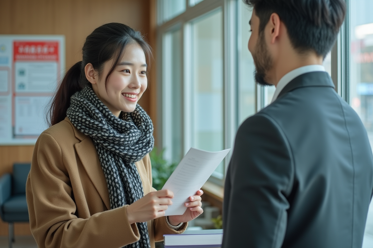 Jeune femme présentant des documents à un guichet administratif
