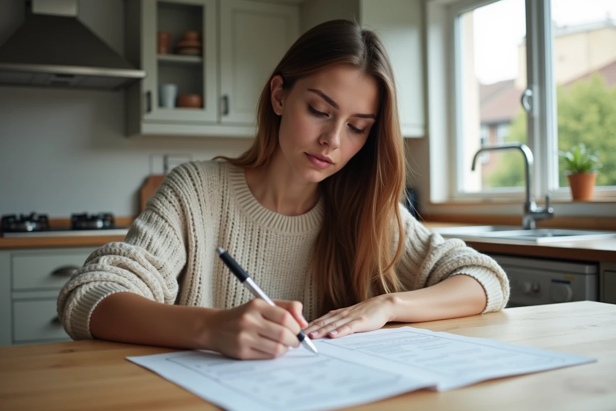 Jeune femme concentrée préparant son test de conduite à la maison