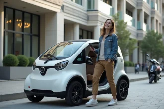 Jeune femme sortant d'une microvoiture électrique en ville