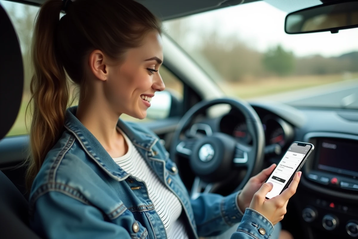 Jeune femme souriante dans une voiture avec smartphone