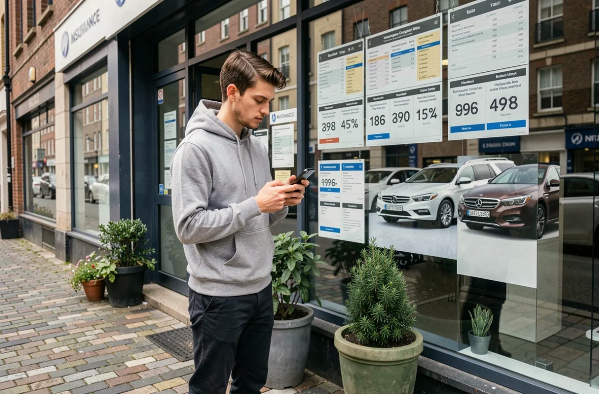 Jeune homme debout devant une agence d'assurance automobile consultant une application de comparaison de prix sur smartphone, thème de l'assurance pour jeune conducteur de voiture puissante