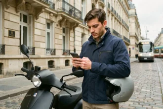 Jeune homme comparant des offres d'assurance scooter sur smartphone dans une rue pavée de Bordeaux