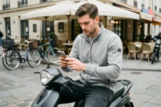 Jeune homme consultant des avis d'assurance scooter sur son smartphone en ville