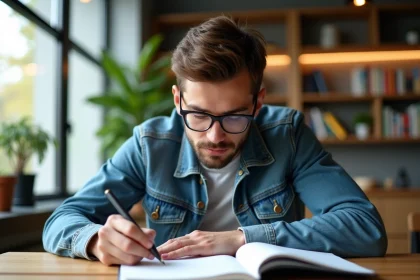 Jeune homme en denim écrivant dans un cahier dans un intérieur cosy