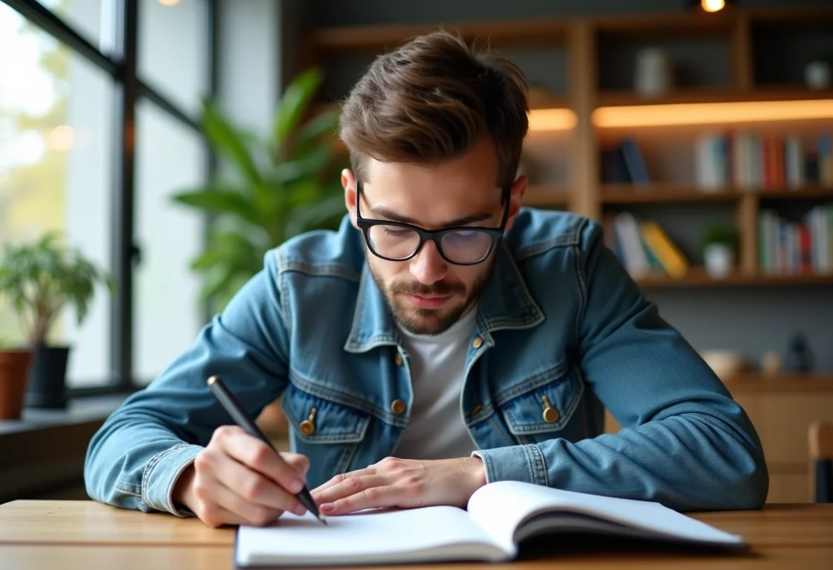 Jeune homme en denim écrivant dans un cahier dans un intérieur cosy