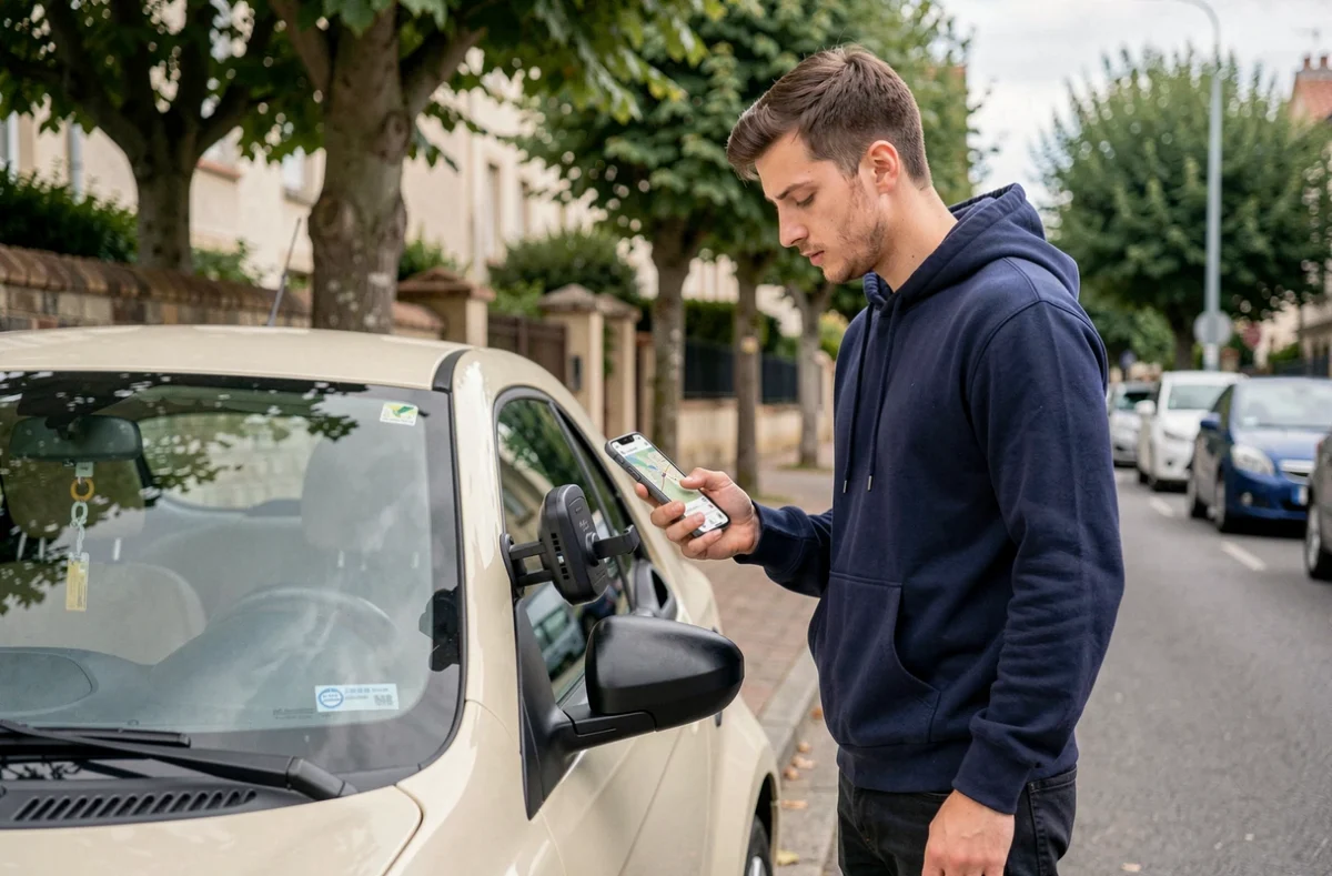 Jeune homme comparant un GPS smartphone et un support GPS pour voiture sans permis en milieu urbain