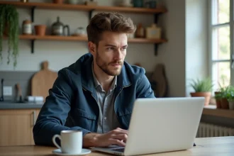 Jeune homme lisant avis auto dans une cuisine lumineuse