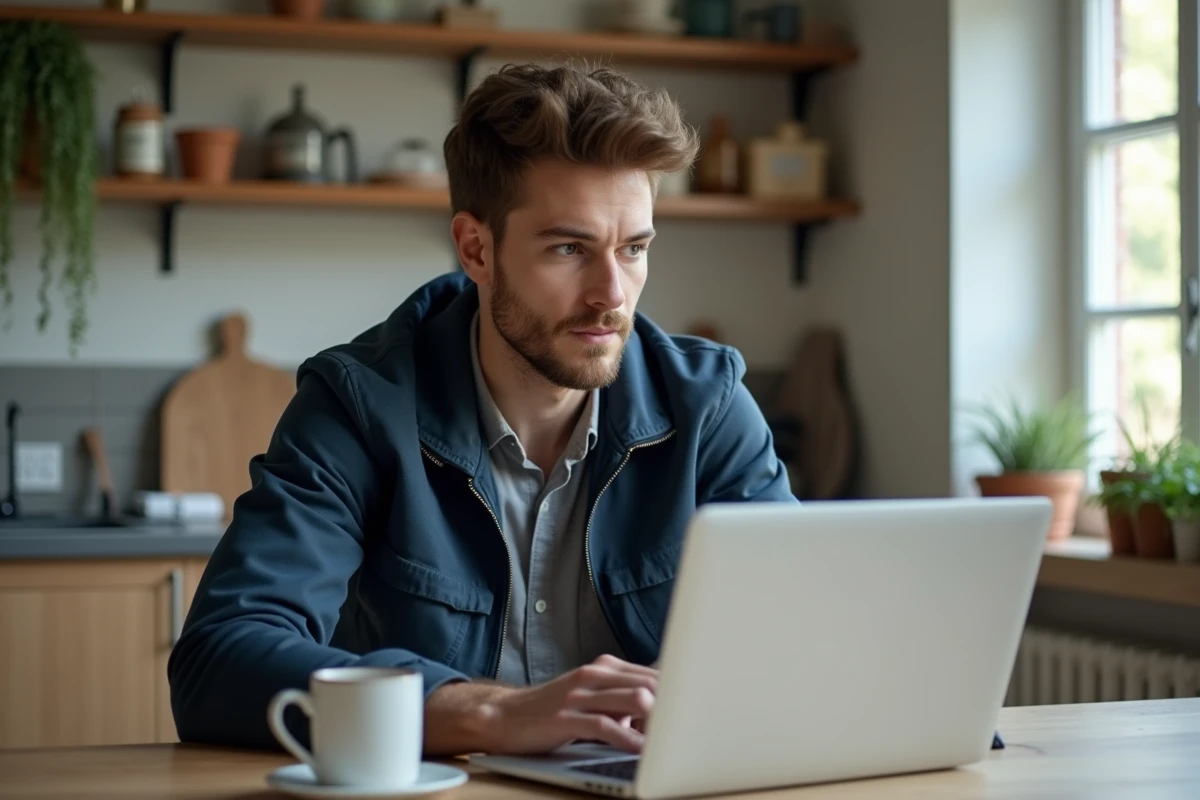 Jeune homme lisant avis auto dans une cuisine lumineuse