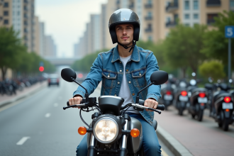 Jeune homme en denim sur moto 125cc en ville