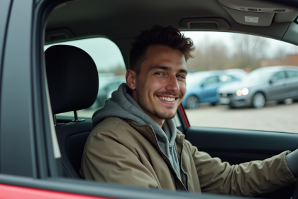 Jeune homme avec permis de conduire dans une voiture urbaine