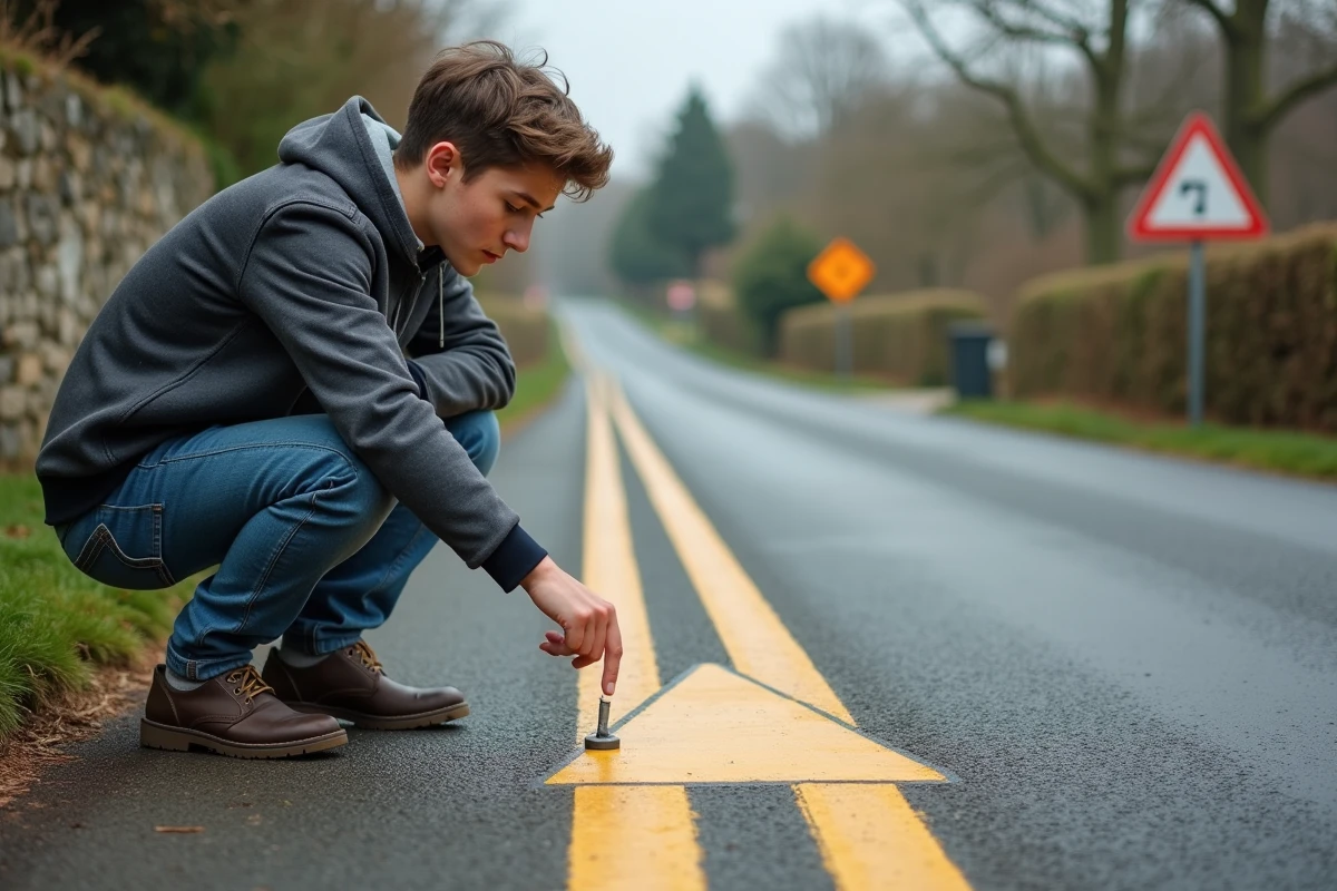 Jeune homme examine des marquages routiers à la campagne