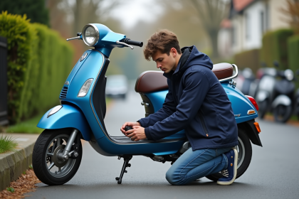 Jeune homme vérifiant le niveau d'huile d'un scooter bleu