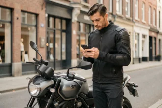 Jeune motard en veste noire consultant son smartphone pour comparer les prix d'assurance moto en ville