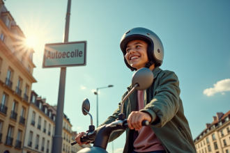 Jeune adolescent en casque roulant en scooter près d'un panneau autoécole