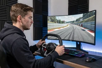 Joueur de simulation de course automobile sur PC avec volant Logitech devant un écran affichant un circuit réaliste d'Assetto Corsa