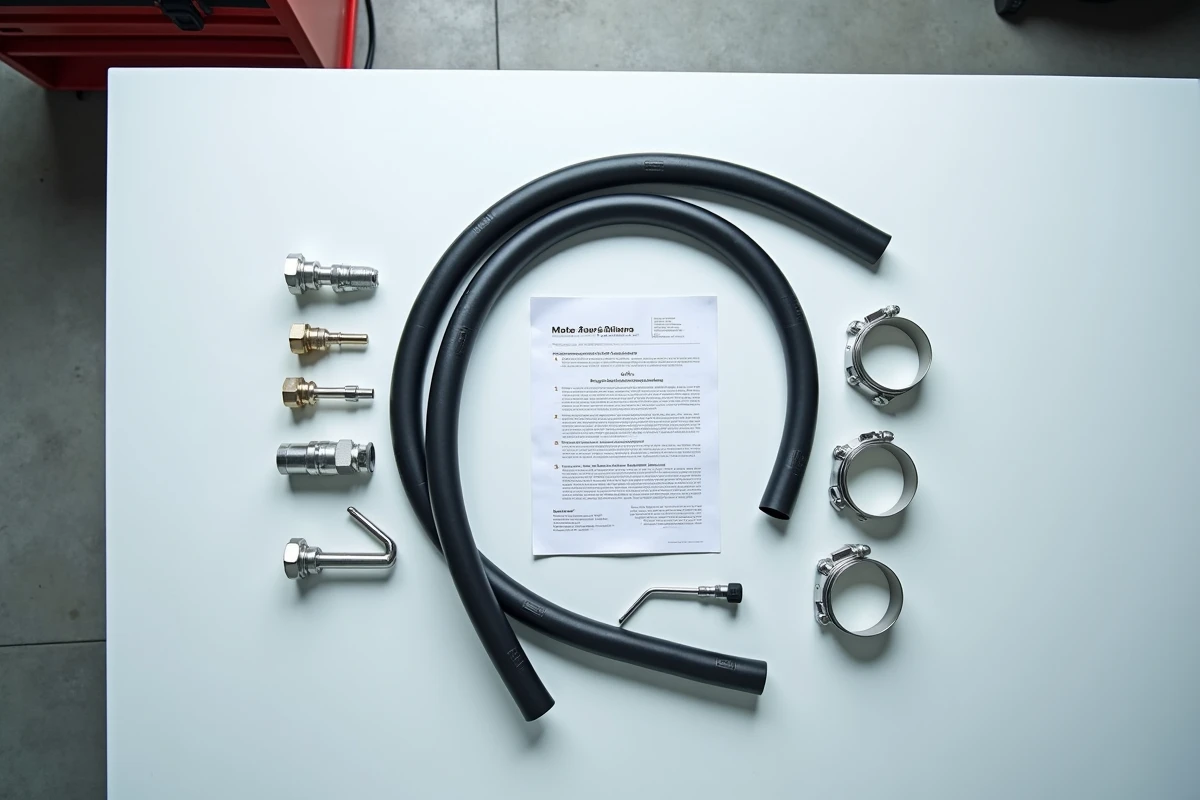 Kit de durites Avia prêt à monter avec colliers et accessoires disposés en flat lay