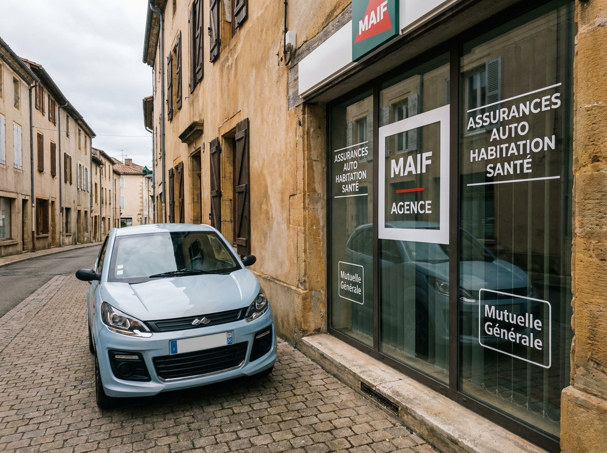 Ligier Myli bleue garée devant une agence d'assurance française illustrant l'assurance voiture sans permis