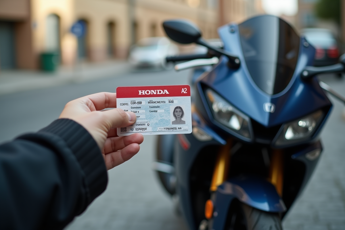 Main tenant une carte de permis moto A2 à côté d