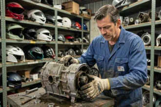 Mécanicien inspectant une pièce moto d'occasion dans un atelier de casse moto en vue du contrôle technique 2026