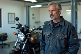 Mécanicien moto effectuant un contrôle technique dans un garage professionnel agréé