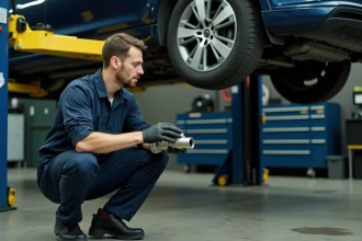 Mécanicien professionnel inspectant un filtre à particules diesel sous un véhicule surélevé dans un garage automobile