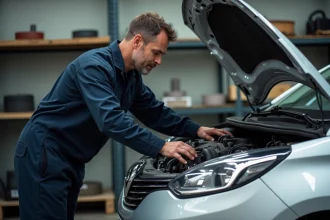 Mécanicien inspectant un moteur 2 HDi 90 dans un garage indépendant