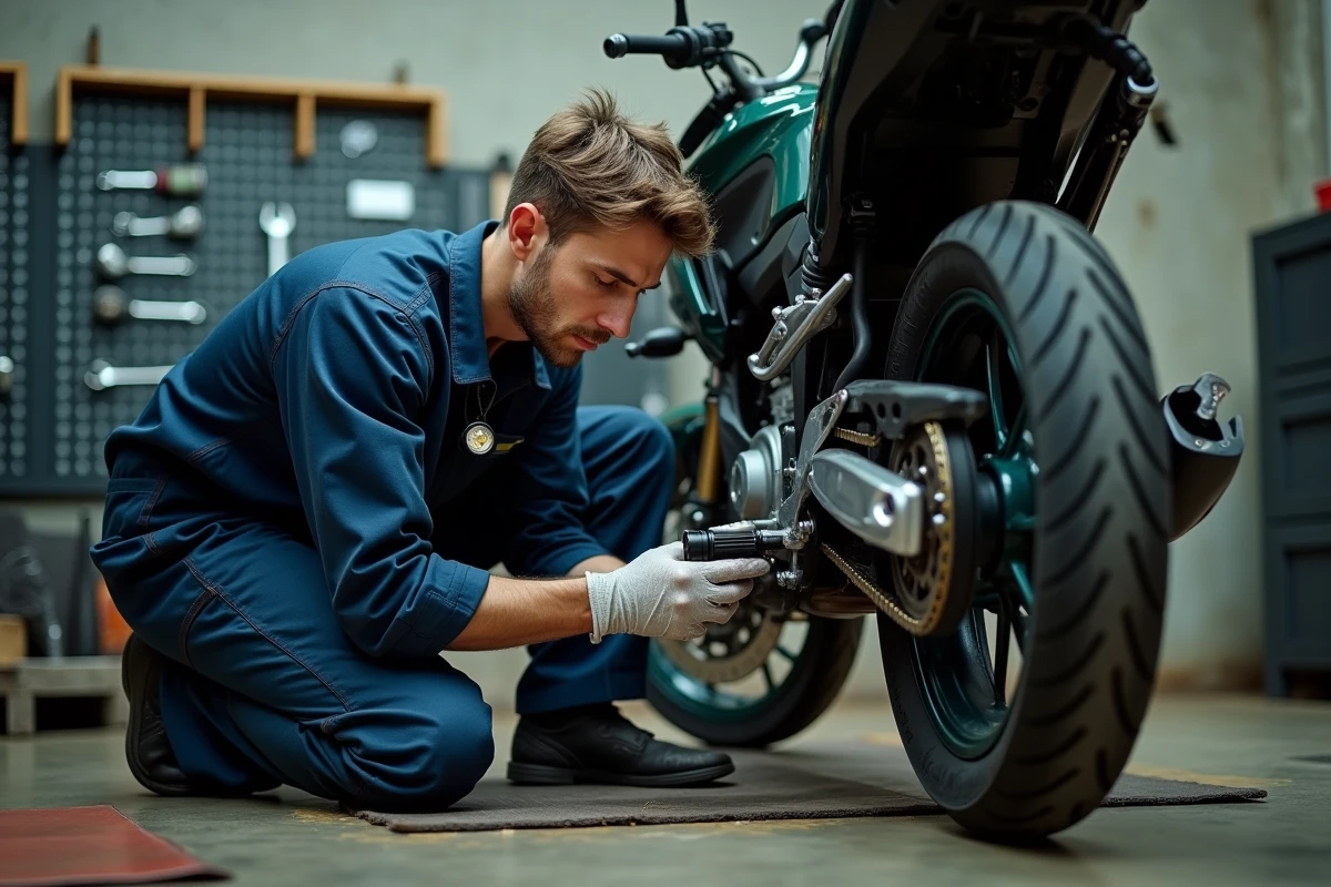 Mécanicien inspectant la chaîne et le pignon d'une Yamaha 125 TZR lors d'un contrôle de fiabilité