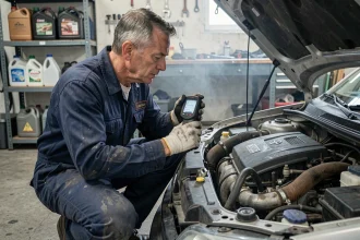 Mécanicien inspectant un moteur 1.5 BlueHDi 130 dans un garage automobile en 2026