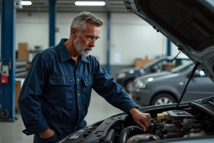 Mécanicien d'âge moyen examinant un moteur diesel en garage