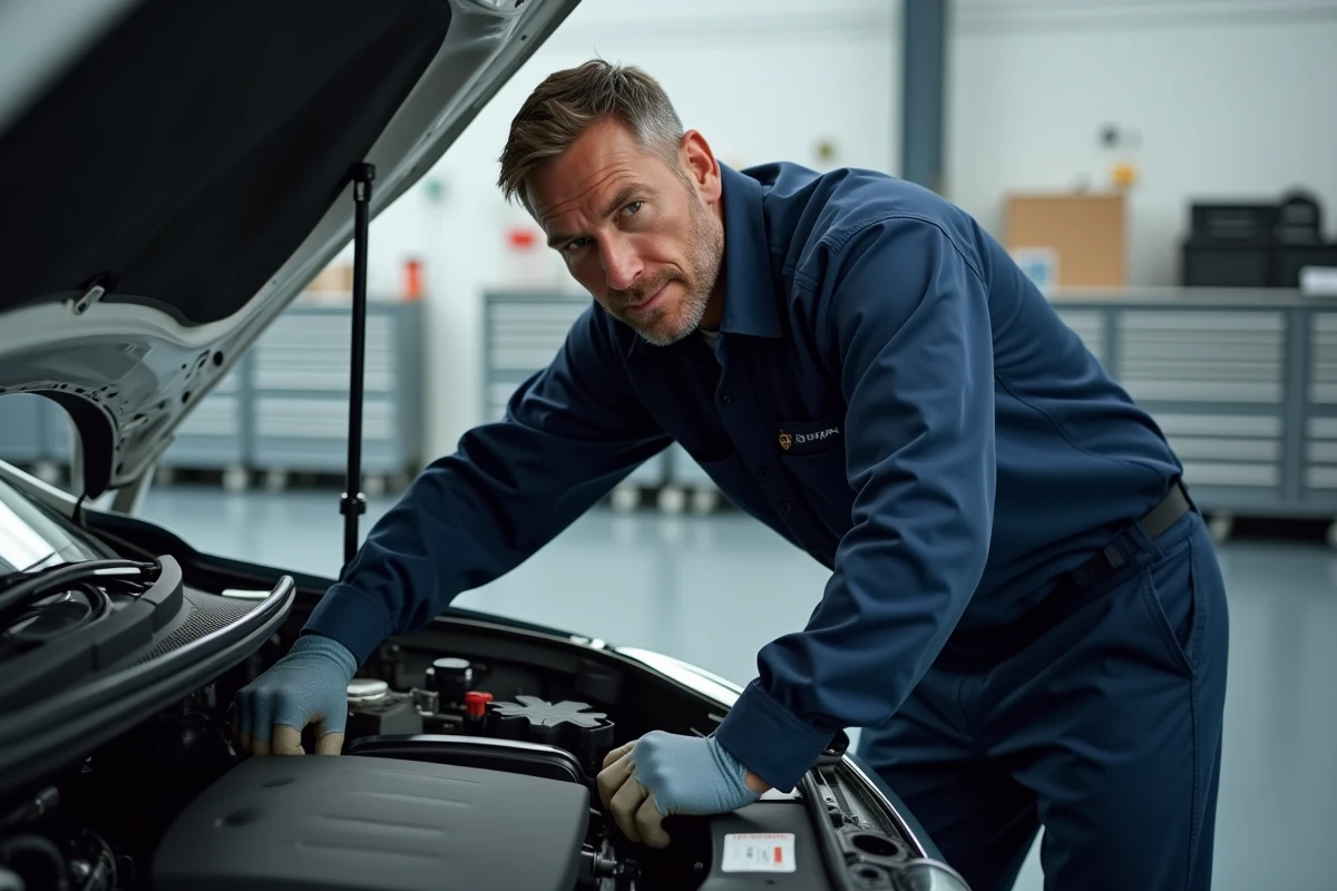 Mécanicien inspectant le compartiment moteur e-Power d'un Nissan Qashqai dans un atelier automobile professionnel