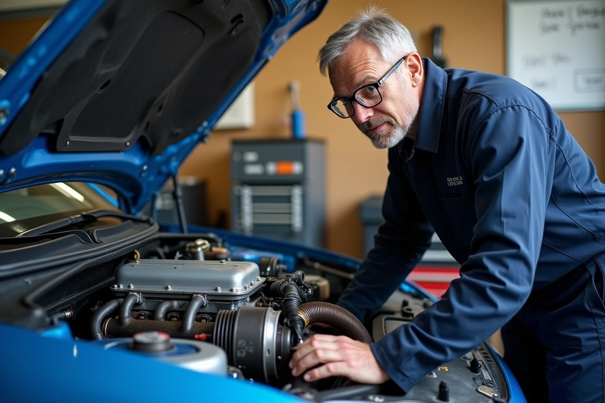 Mécanicien inspectant un moteur de swap rallye dans un garage automobile français sur une Subaru Impreza