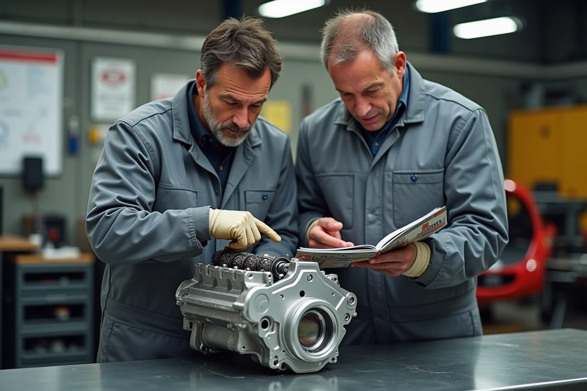 Mécaniciens de sport automobile inspectant un moteur de course dans un atelier de préparation en France