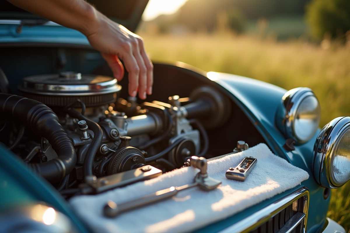 Mains entretenant le moteur d une 2CV classique