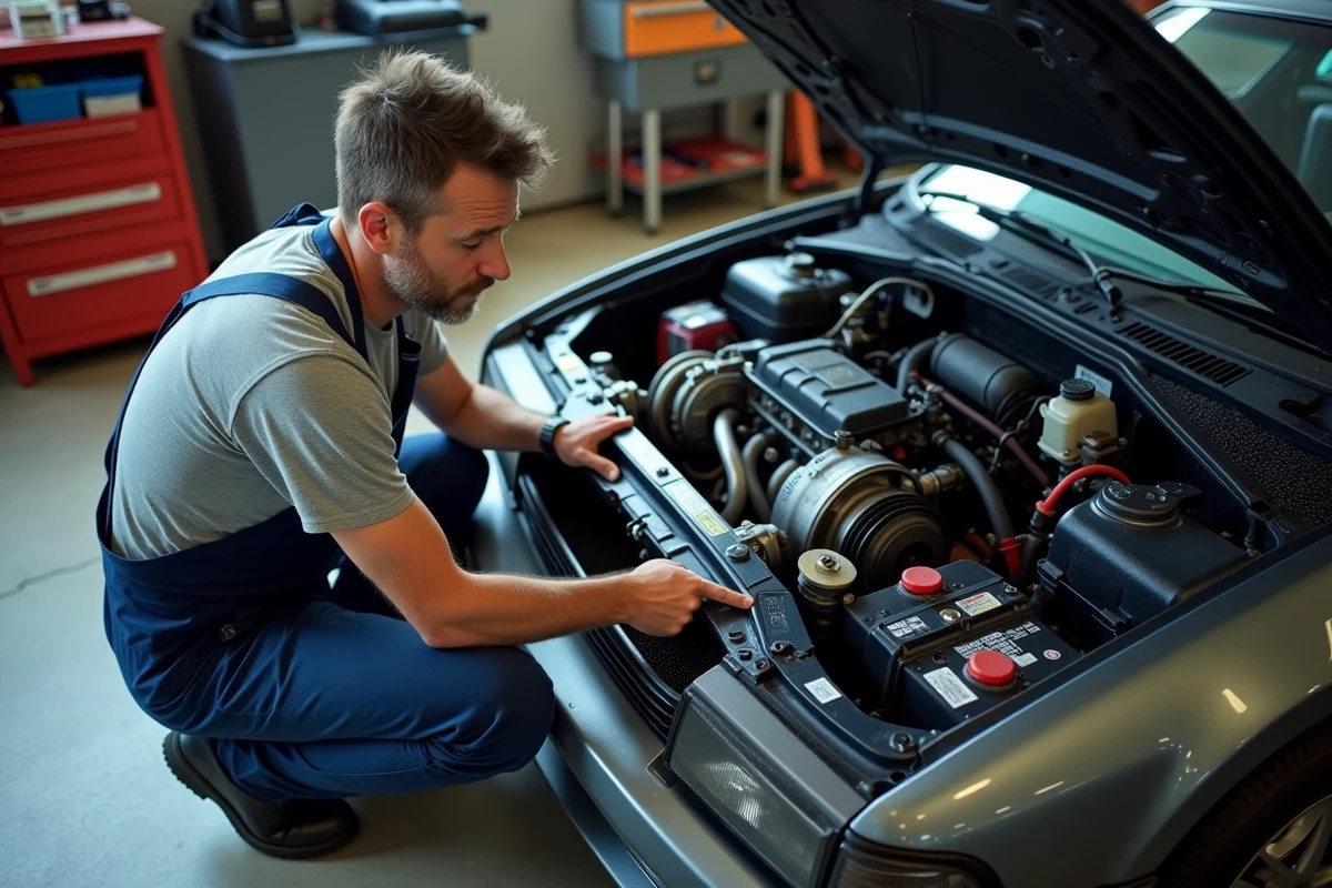 Mécanicien inspectant le compartiment moteur SR20 d'une Nissan S14a Silvia lors d'une restauration conforme aux spécifications d'origine