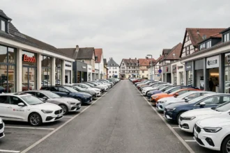 Vue panoramique d'un quartier de concessionnaires automobiles dans le Bas-Rhin avec plusieurs showrooms et véhicules exposés
