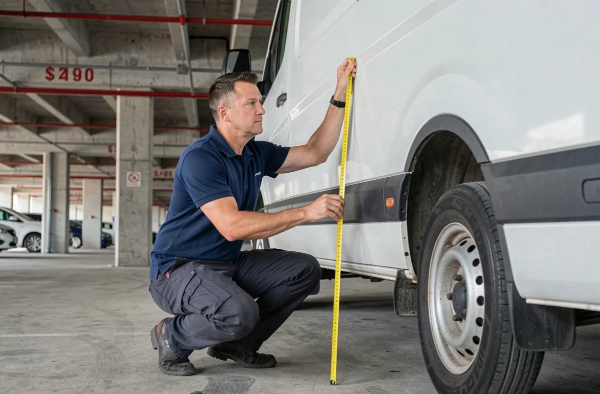 Responsable de flotte mesurant la hauteur d'un utilitaire L2H2 dans un parking couvert avec portique