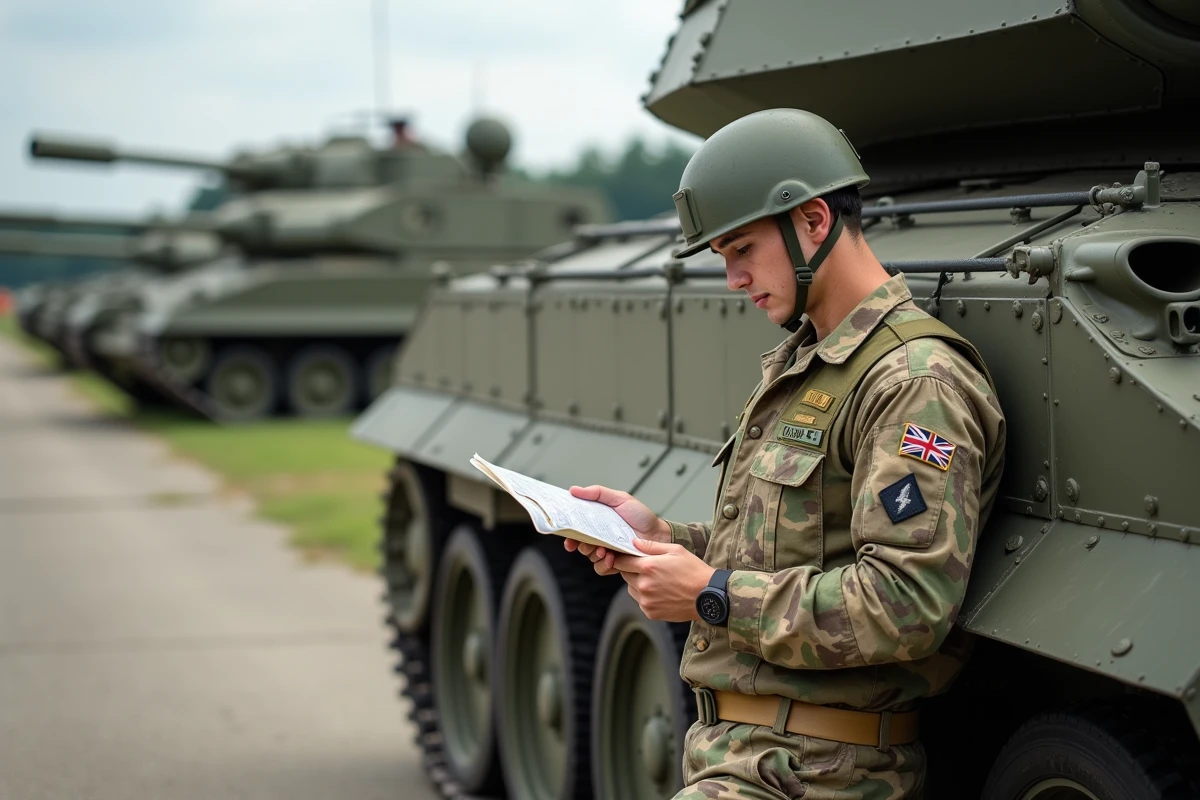 Militaire britannique vérifiant une carte près du char
