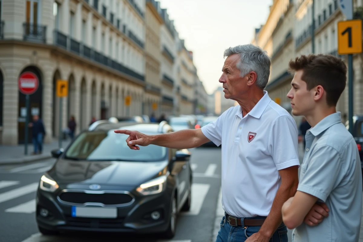 Moniteur d'auto-école expliquant les règles de conduite urbaine à un élève conducteur dans une rue de ville