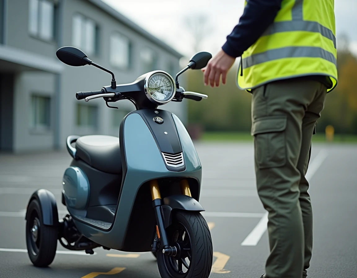 Instructeur d'auto-école expliquant les commandes d'un scooter 3 roues dans une cour de formation, permis AM et B