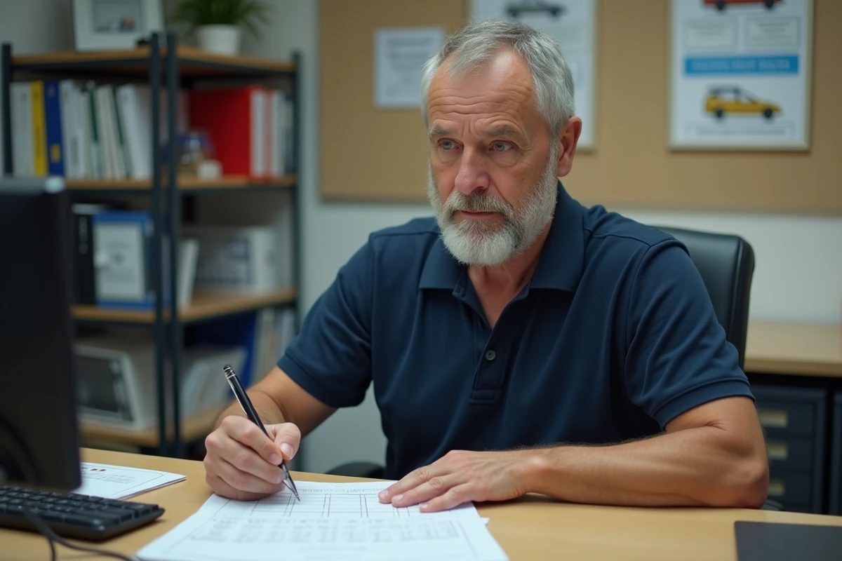 Moniteur d'auto-école vérifiant une grille d'évaluation du permis de conduire dans un bureau