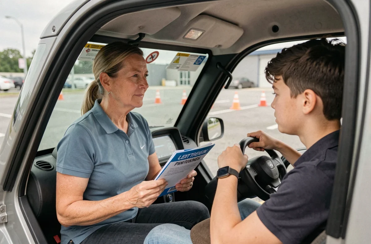 Monitrice d'auto-école accompagnant un adolescent au volant d'une voiture sans permis