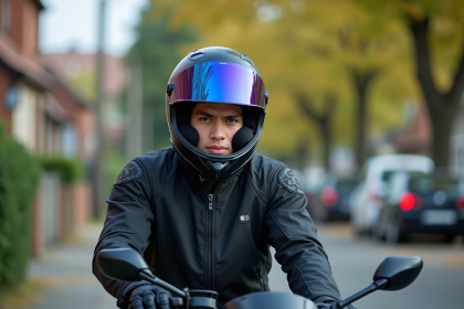 Jeune homme motard en extérieur avec casque et moto